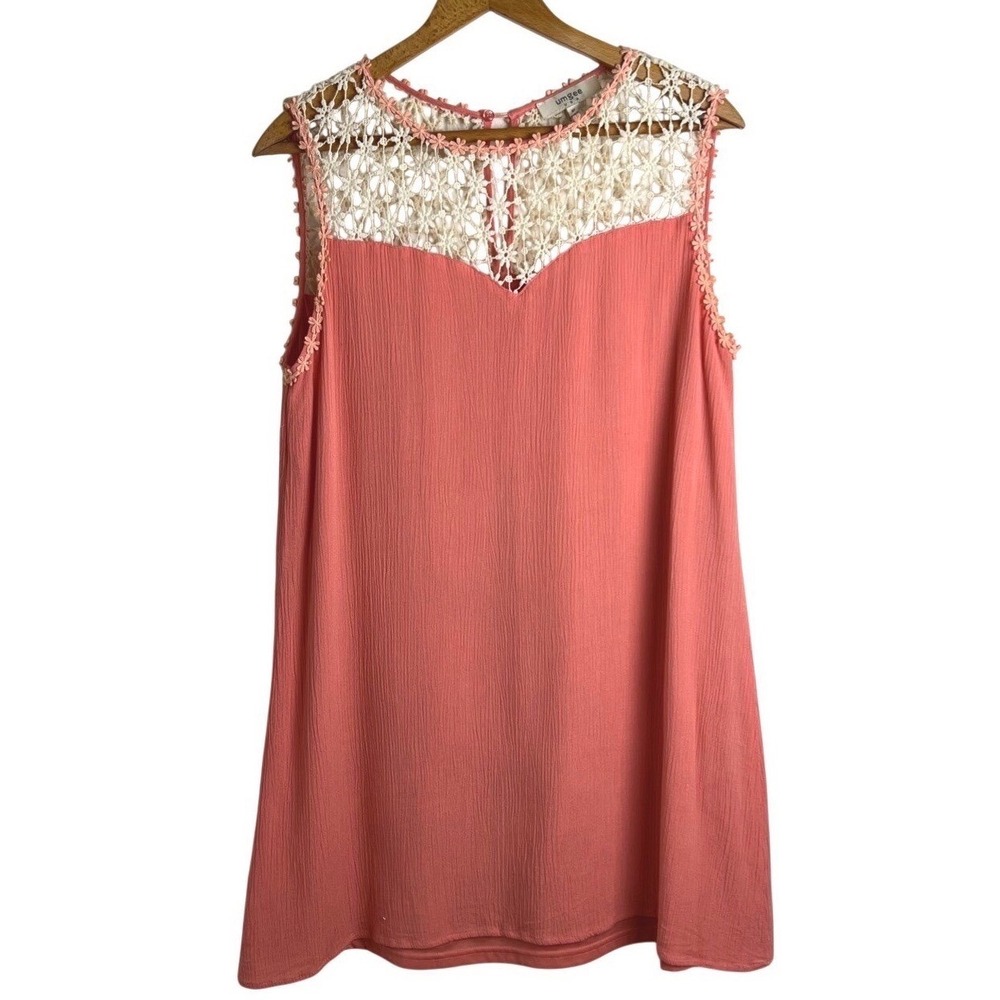 Umgee Womens Boho Tank Top Sz Medium Coral Lace Cotton Seersucker Flowy Romantic